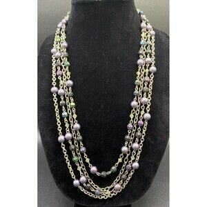 Faux Purple Pearl & Plastic Crystal Chain Necklace